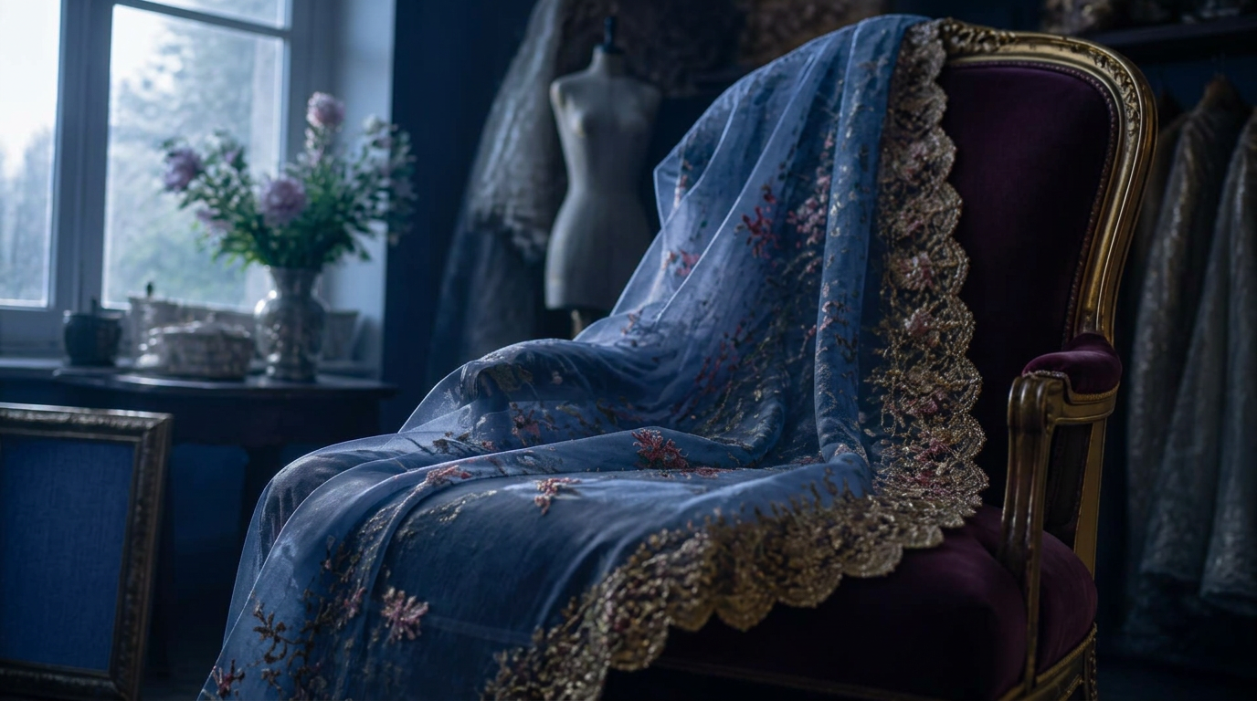 Dupatta lawn bersulam benang emas tersampir di atelier bercahaya indigo