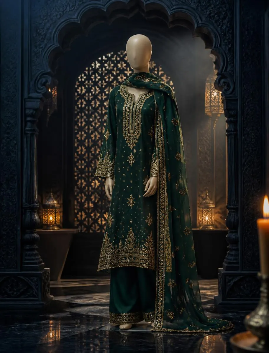 Shalwar kameez zamrud bersulam zari di ruang nila dengan lengkung mehrab